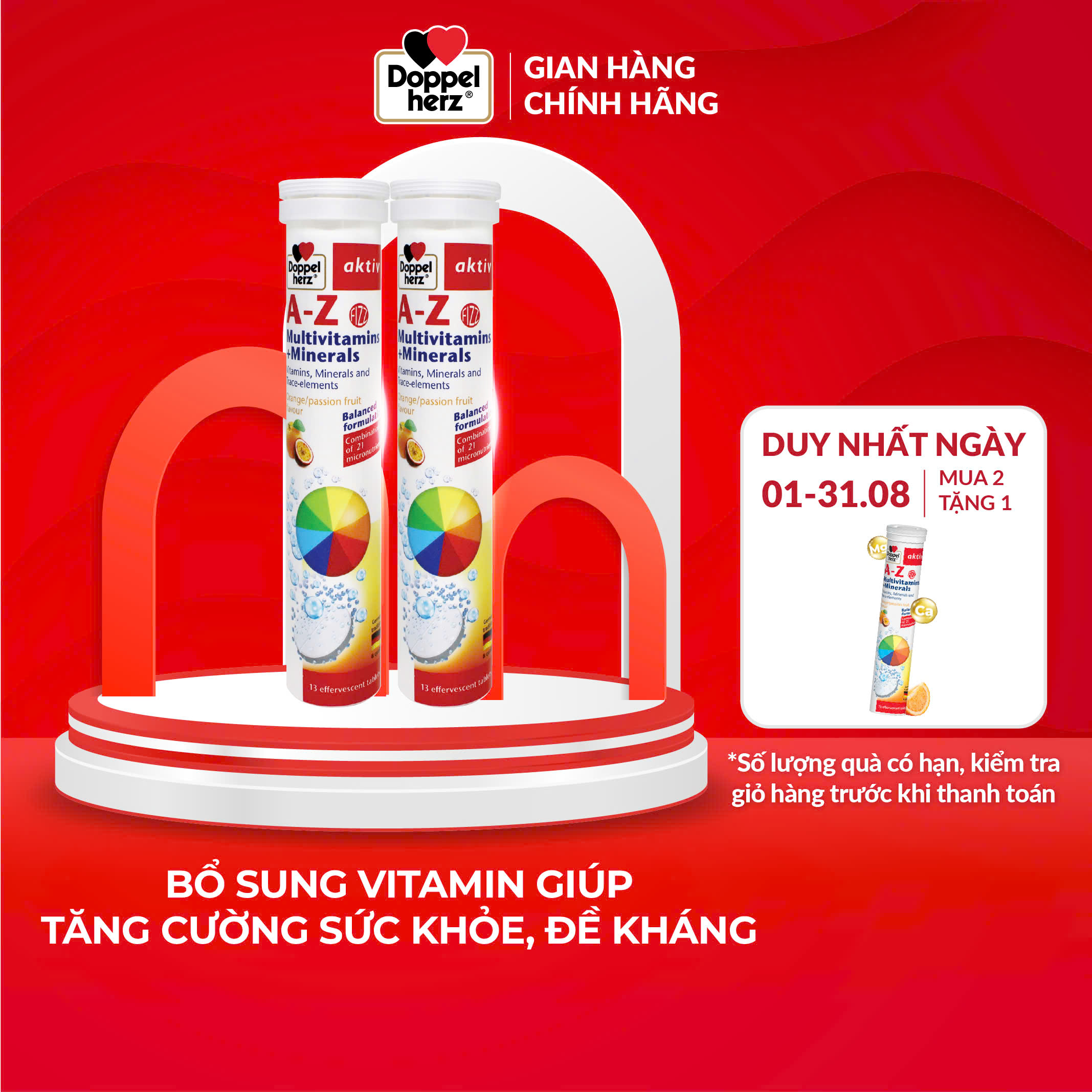 Combo 02 Tuýp sủi bổ sung 21 Vitamin và khoáng chất Doppelherz A-Z Fizz Multivitamins and Minerals (Tuýp 13 viên)