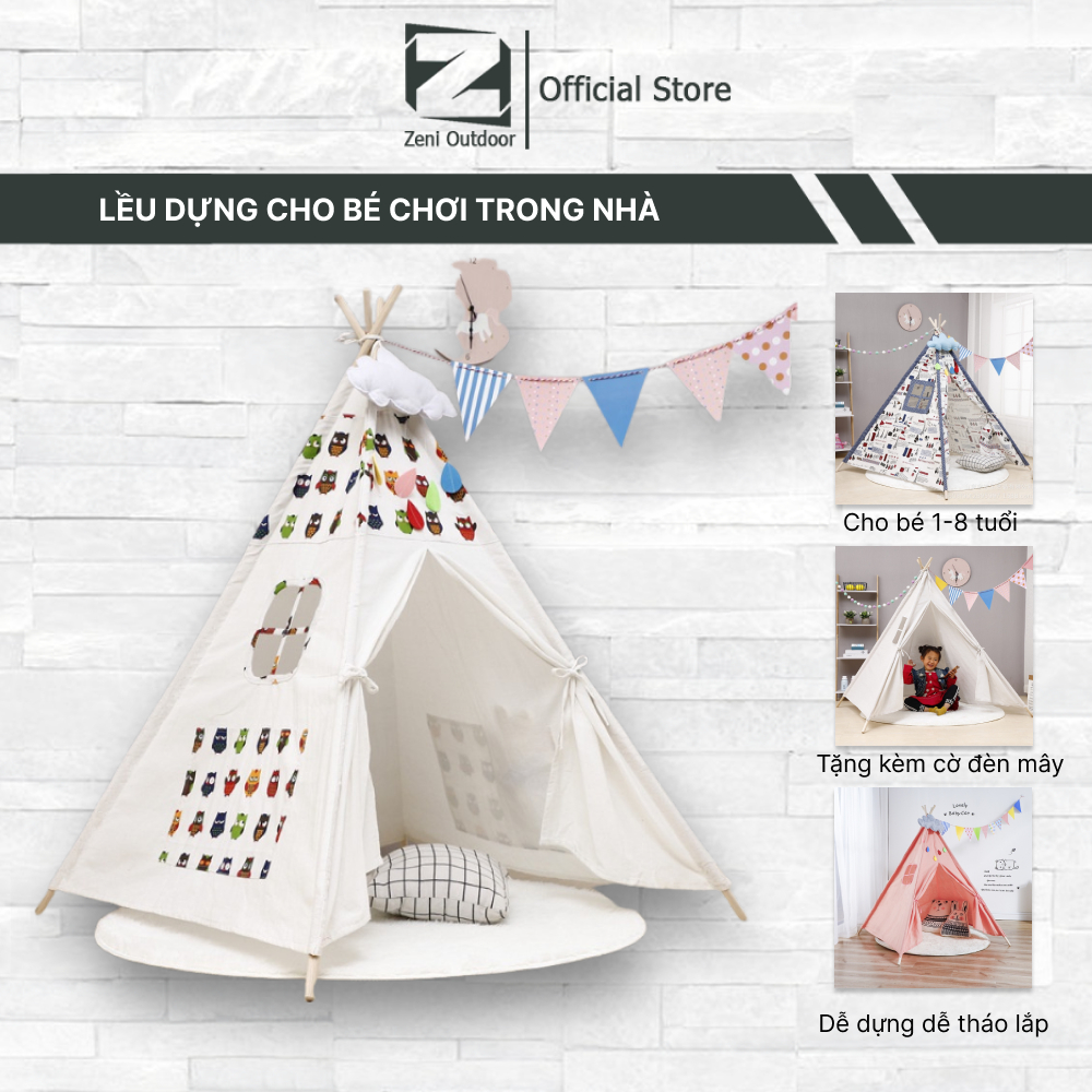 Lều vải cho bé, Lều ngủ thổ dân bằng vải cotton cao cấp khung gỗ thông tự nhiên an toàn cho bé chơi