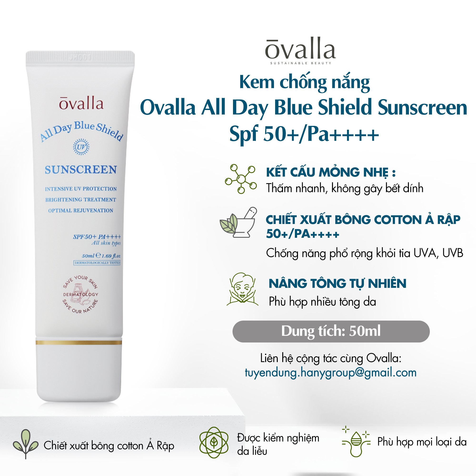 Kem chống nắng ovalla all day blue shield sunscreen spf50+/pa++++