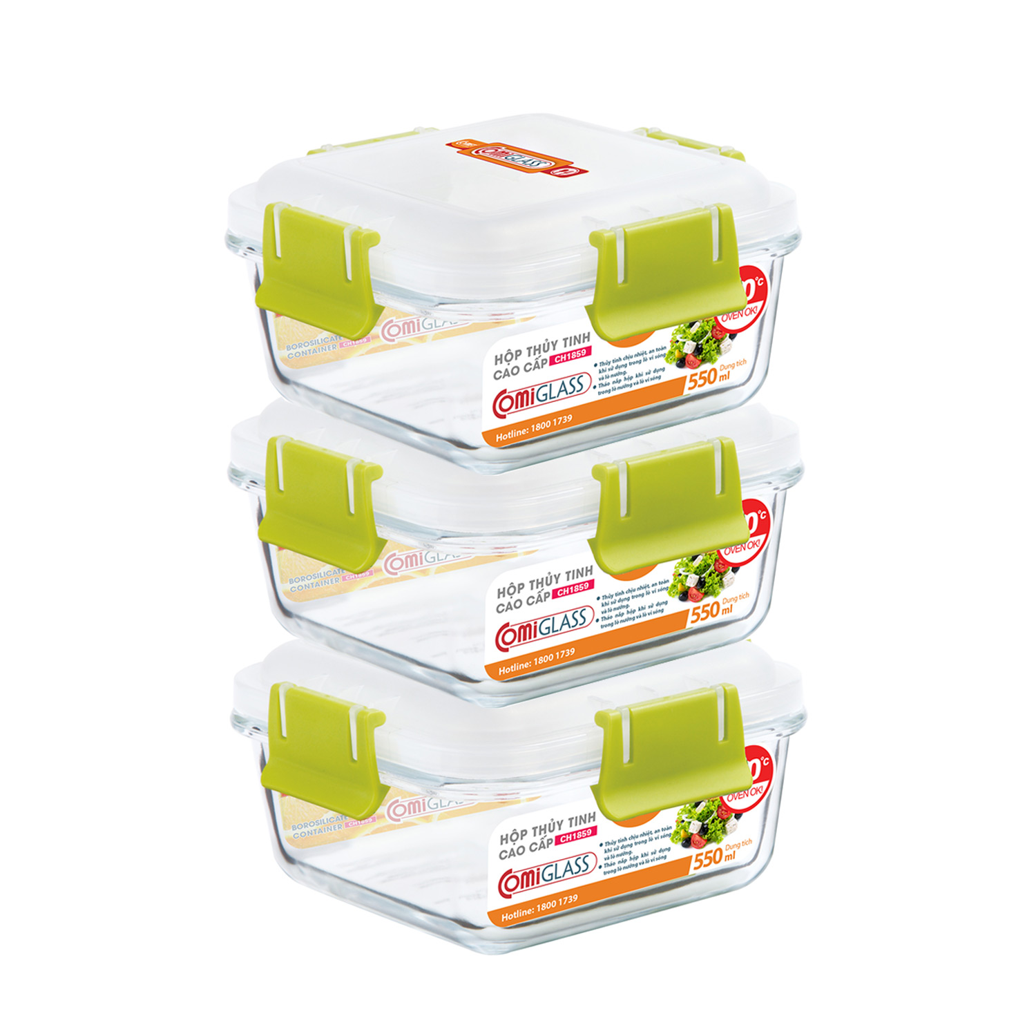 Combo 3 hộp đựng thực phẩm thuỷ tinh vuông 550ml COMET - 3CH1859