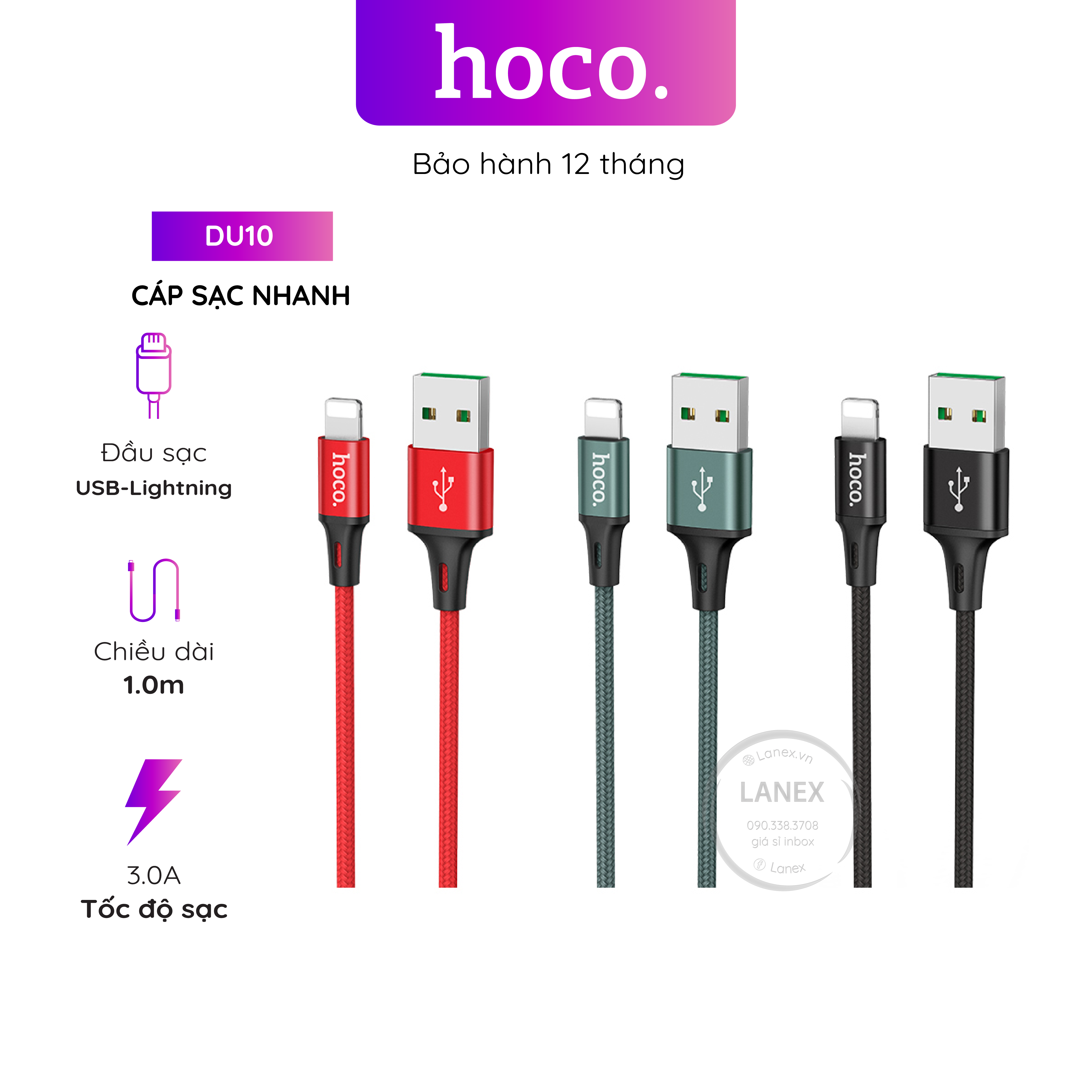 Cáp sạc nhanh hoco du10 dây dù lightning 3.0a dài 1.0m