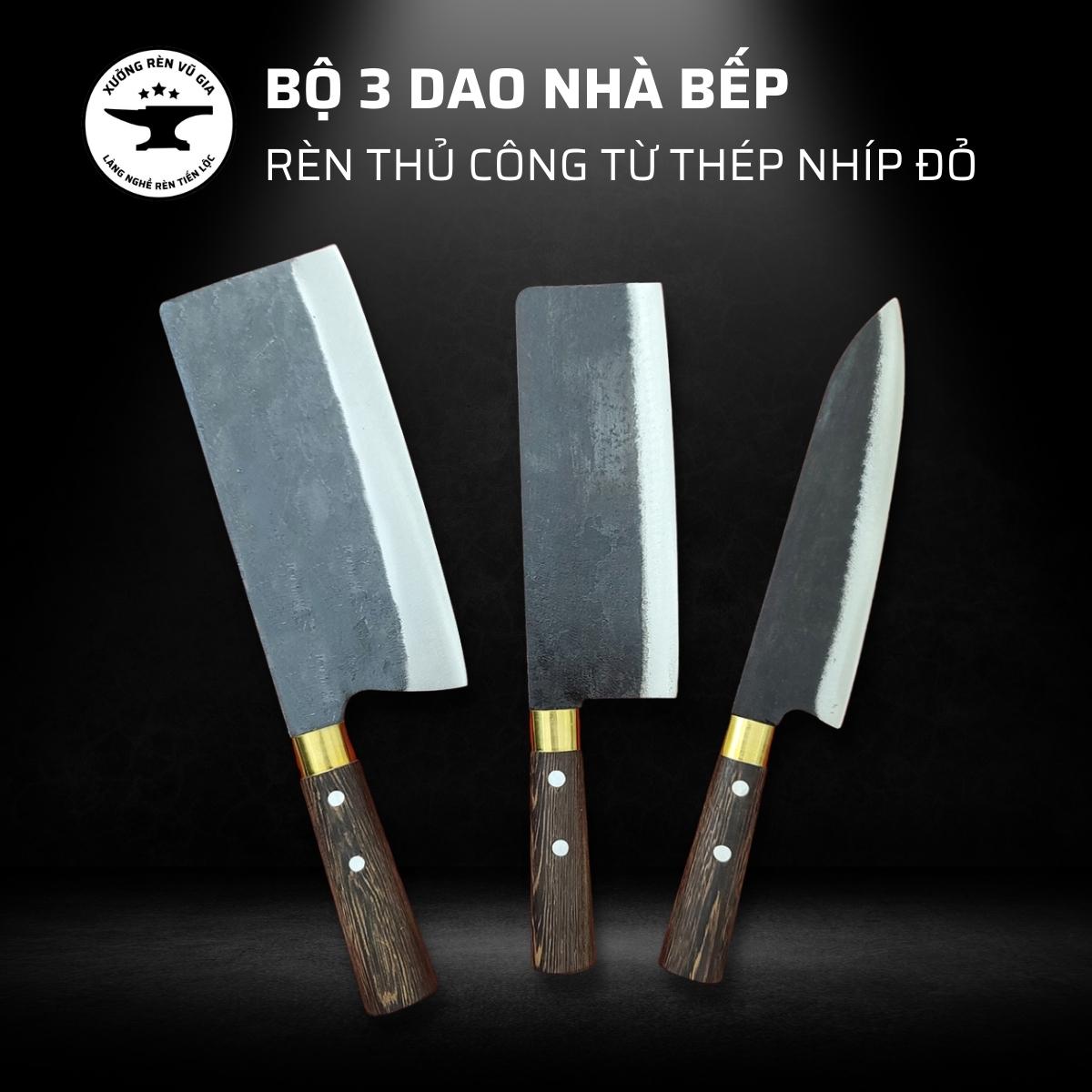 Bộ 3 dao nhà bếp, thép nhíp nga - rèn hoàn toàn thủ công, cán gỗ mun, dao chặt, thái, lọc