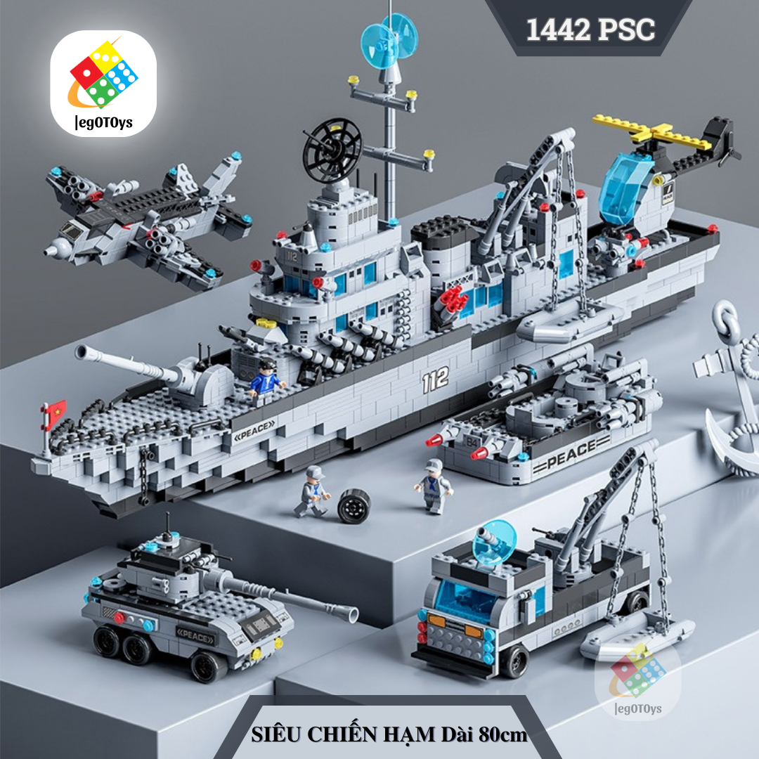  LEGO Tàu Chiến - Tàu Dài 80cm - Bộ Đồ Chơi Xếp Hình Tàu Hải Quân Hơn 1442 Mảnh Ghép - Siêu Chiến Hạm Xe Tăng Máy Bay 