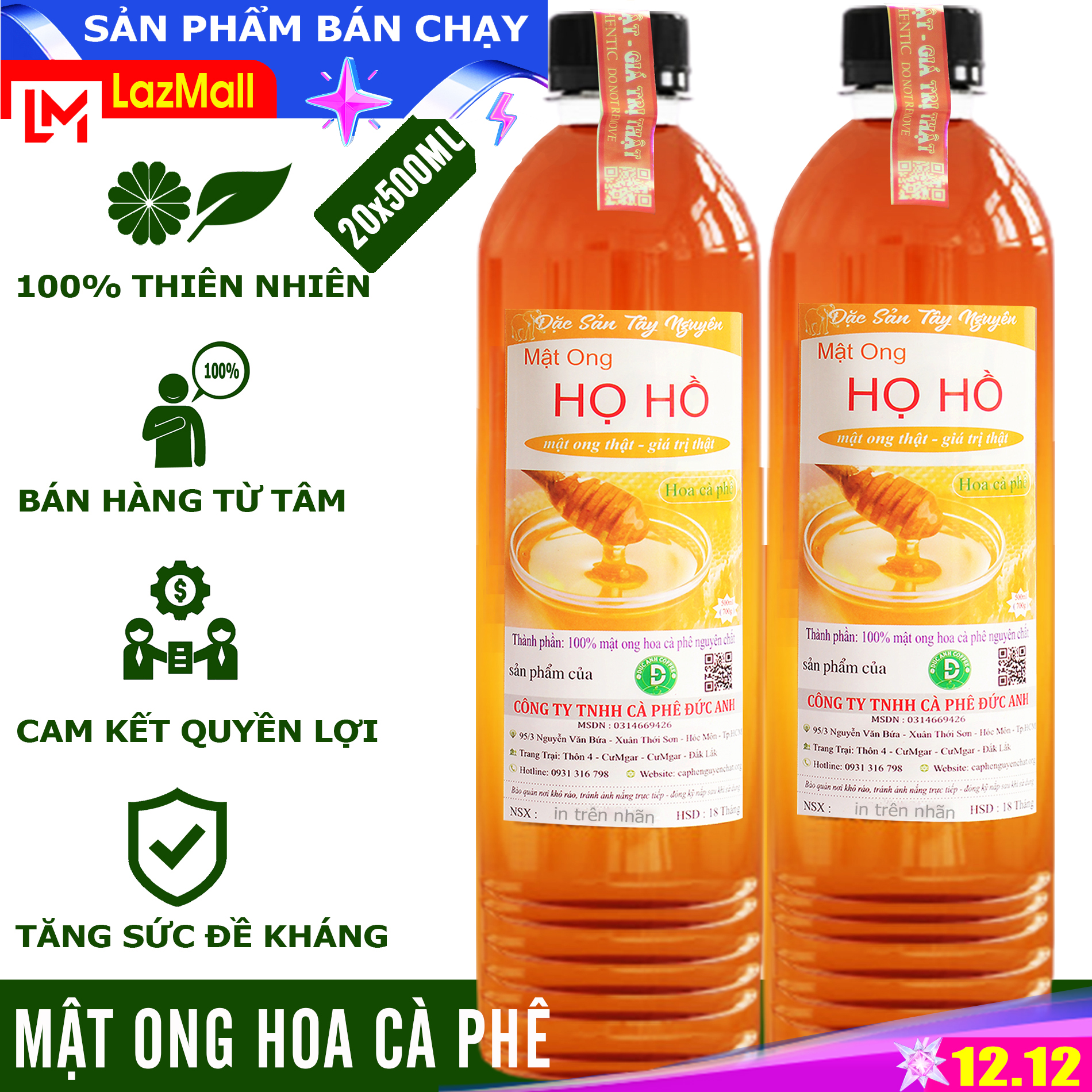 [giá sỉ] 10 Lít Mật Ong Hoa Cà Phê Họ Hồ Nguyên Chất (20 CHAI 500ML) Mật Nguyên sơ từ rừng hoa cafe tây nguyên- thương hiệu mật ong Họ Hồ mật thật giá trị thật - mật ông Honey