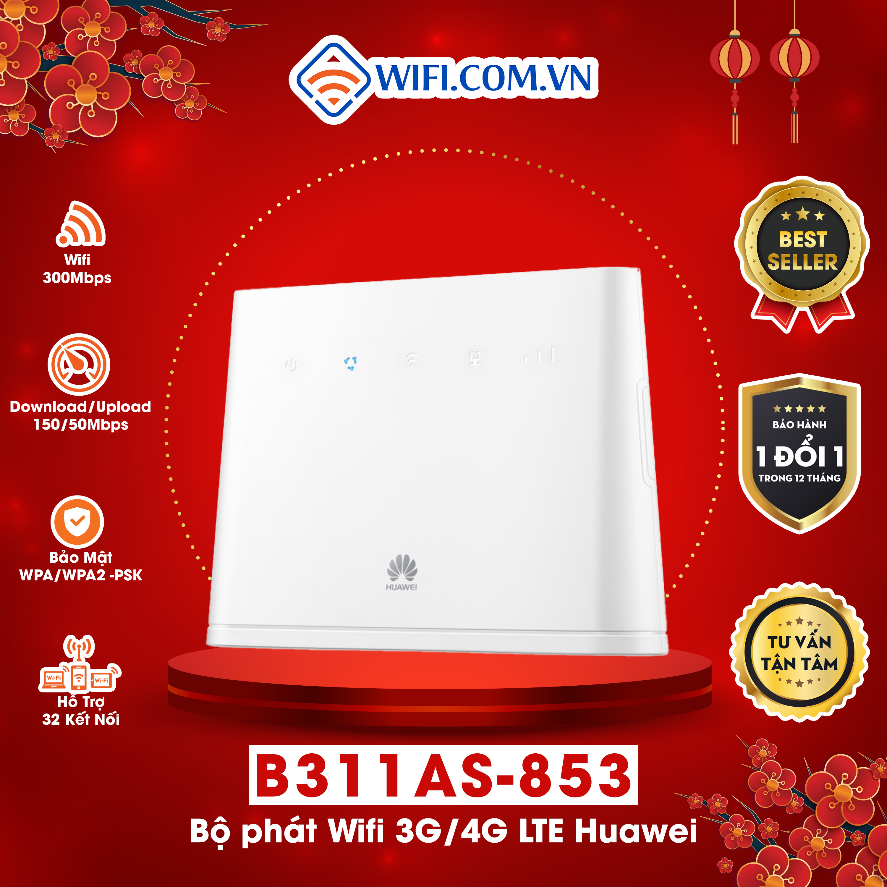 Wifi 4g huawei b311 tốc độ 150mbps - hỗ trợ 32 user - có 1 cổng wan/lan 1gb.