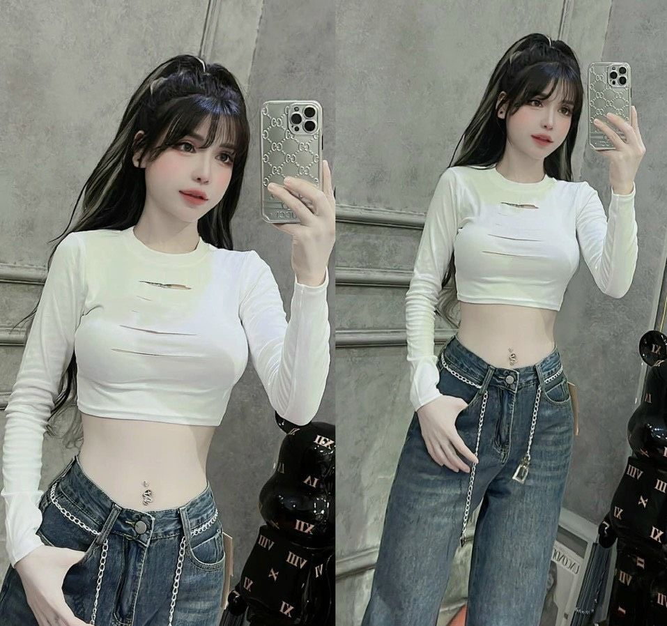 Áo thun nữ ,áo crotop , áo kiểu tay dài cổ tròn phối rách trước sexy chất thun rip đẹp xịn kèm ảnh thật trãi sàn m534