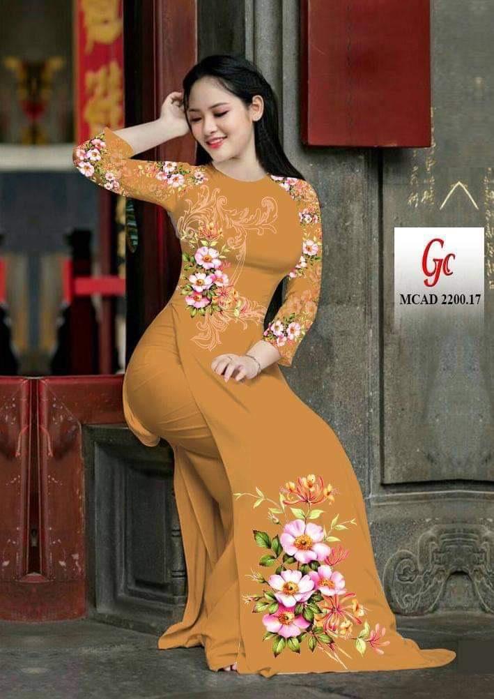 Sét áo dài truyền thông in họa tiết 3D cổ tròn quần in hoa theo tông áo