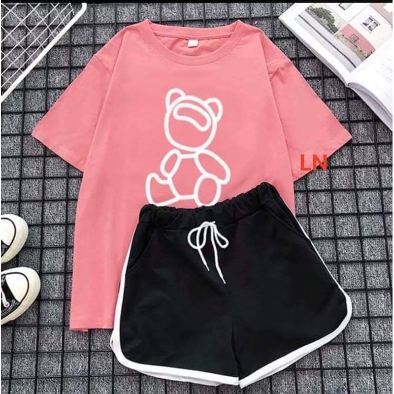 Sét bộ gấu nghiêng đầu cười + quần đùi viền siêu kute