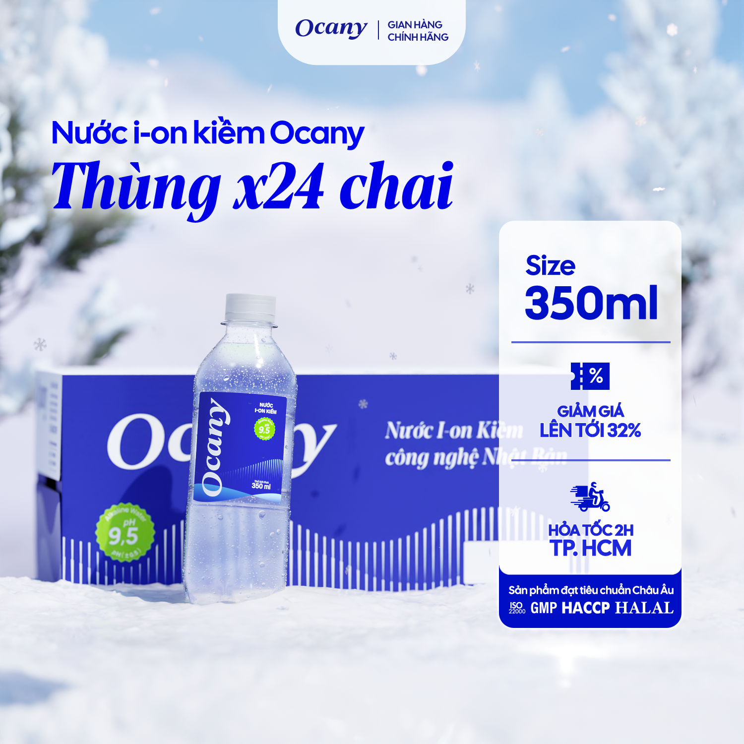 Nước uống Ion Kiềm Ocany cao cấp pH 9.5 350ml Thùng 24 chai - Hỗ trợ tiêu hóa trung hòa axit dư thừa
