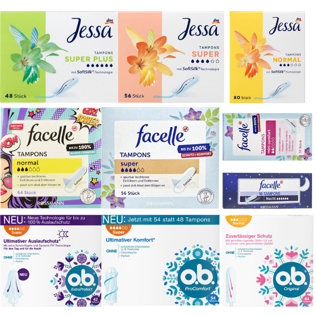 Tampon - Băng Vệ Sinh Tampon OB - Băng vệ sinh Tampon Facelle -Băng vệ sinh Tampon Jessa - Băng vệ sinh dạng nút chai - Nội địa Đức