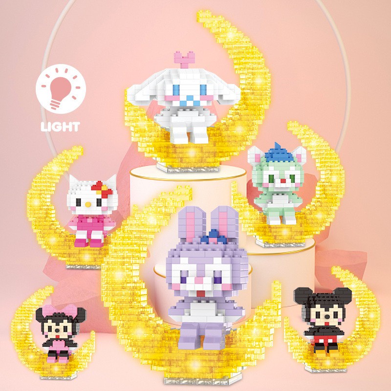 Lắp ráp lego hoạt hình có đèn, mô hình đồ chơi lắp ráp lego có đèn kitty, thỏ tím, stitch