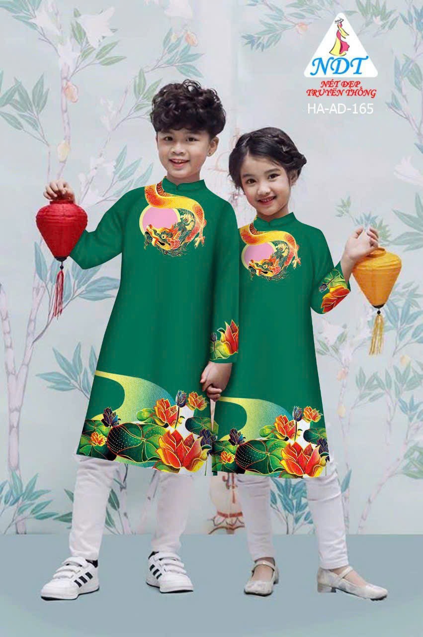 Áo dài cách tân họa tiết hoa sen và rồng cho bé