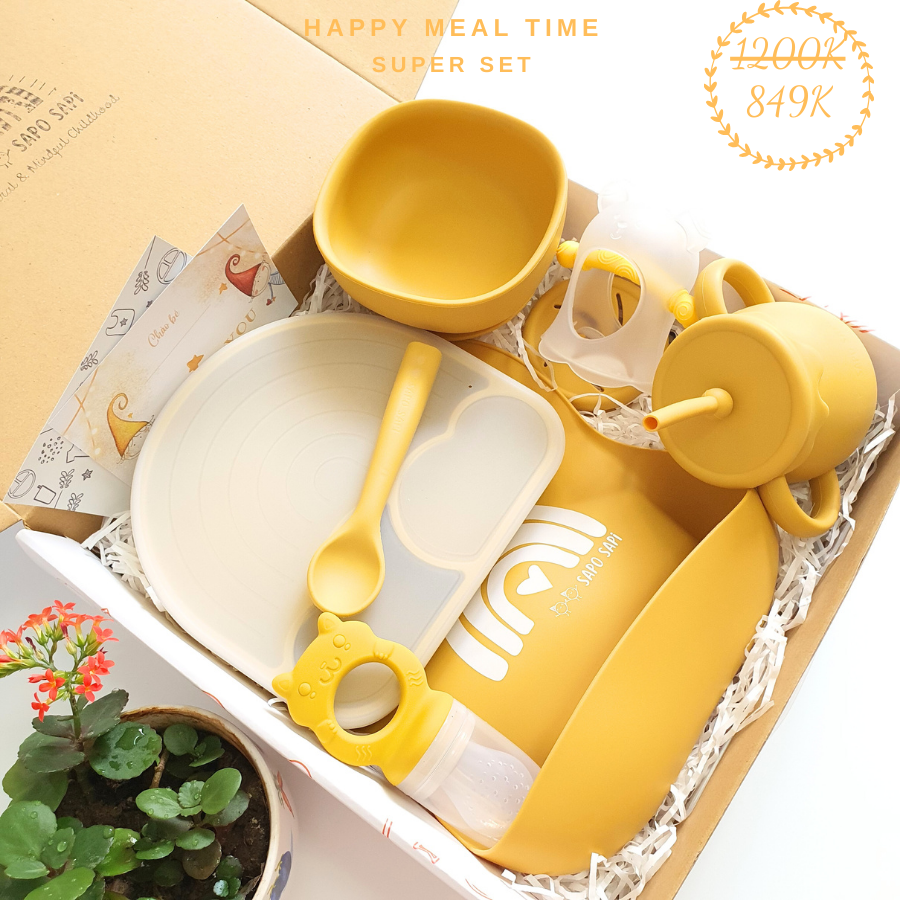 Set quà tặng đầy tháng - dụng cụ ăn dặm - happy meal time - super 7 món