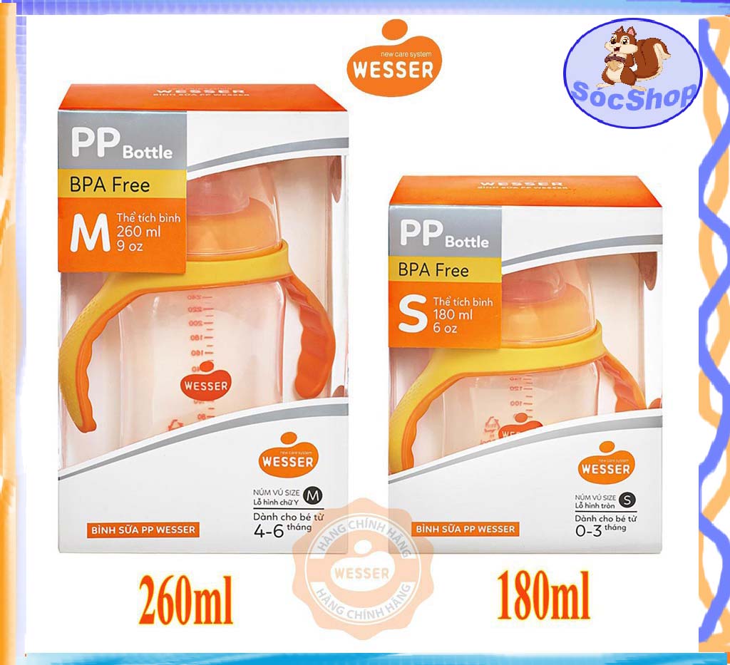 Bình sữa cổ rộng wesser 180ml/260mlnhựa pp an toàn không bpa ,