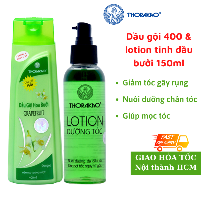 Bộ đôi dầu gội hoa bưởi 400ml & lotion dầu dưỡng tóc tinh dầu bưởi thorakao 150ml
