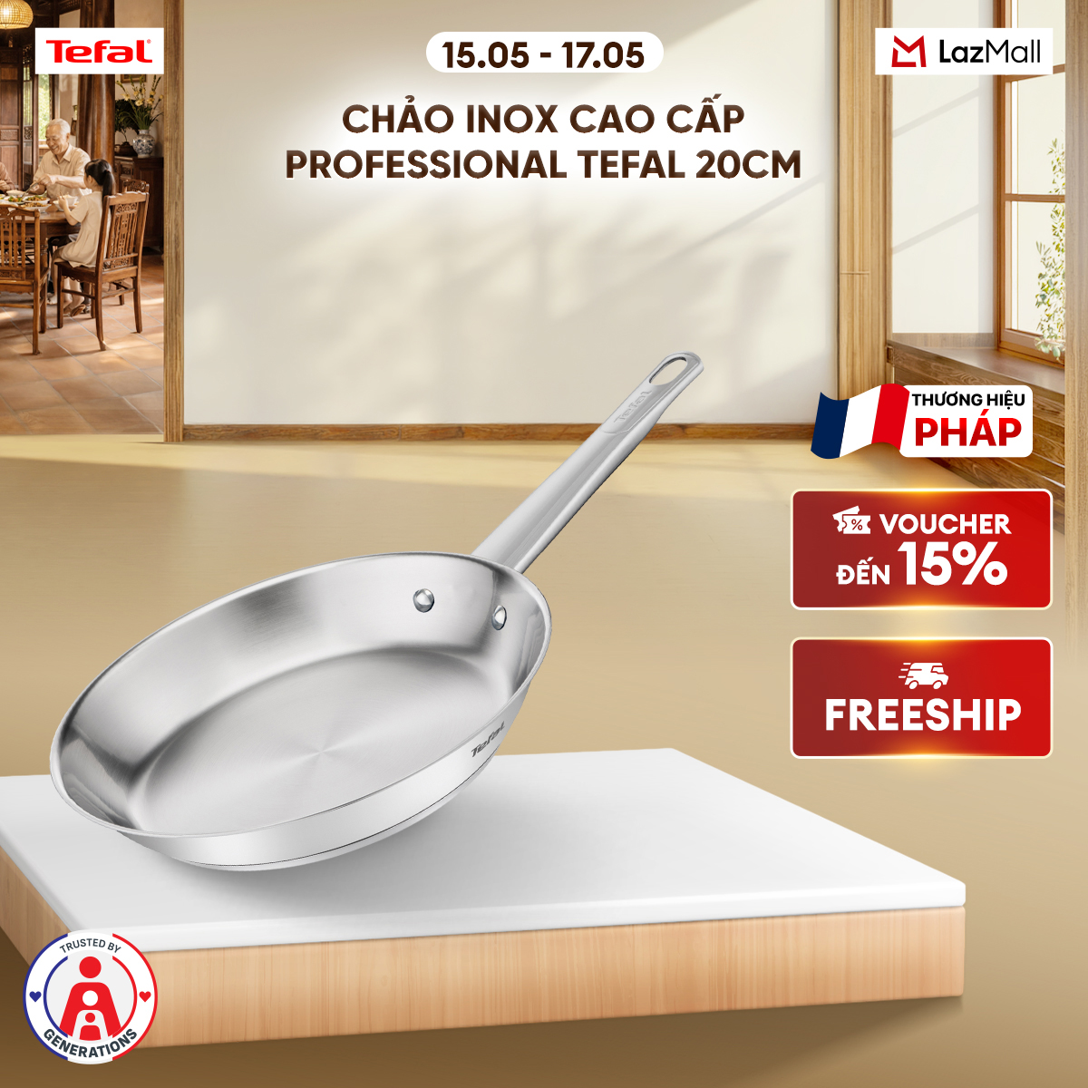 Chảo Inox 18/10 cao cấp Professional Tefal B9210295, 20cm