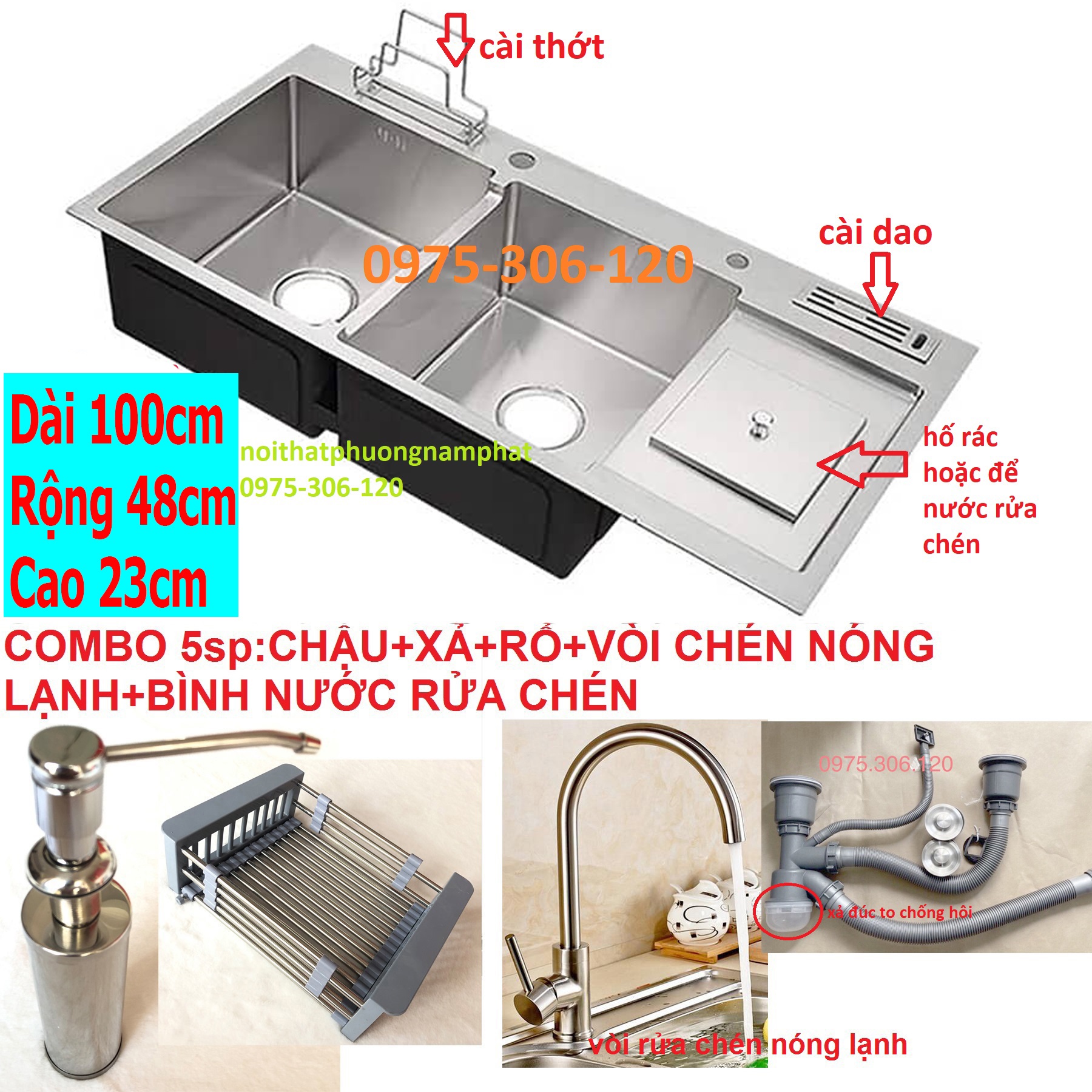 [HCM][CHẬU ĐÚC] Combo Chậu Rửa Chén Bát INOX 304 N3 10048 NA.GRAND và Xả Chậu và Rổ Rút Đa Năng và Vòi Rửa Chén Nóng Lạnh và Bình Đựng Nước Rửa Chén