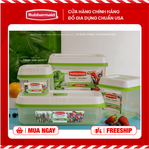 Set 4 Hộp bảo quản rau củ quả RUBBERMAID có nắp màu xanh bằng nhựa nguyên sinh cao cấp - Chính Hãng từ Mỹ