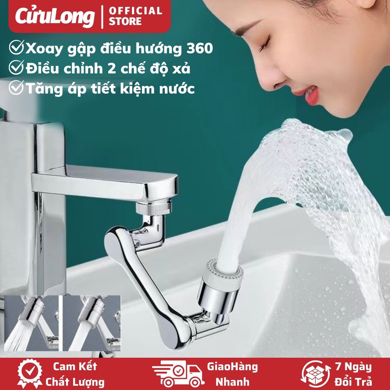  Đầu nối vòi nước xoay 360 độ lắp bồn rửa mặt lavabo phòng tắm chậu rửa chén bát đa năng tăng áp 2 chế độ xả 