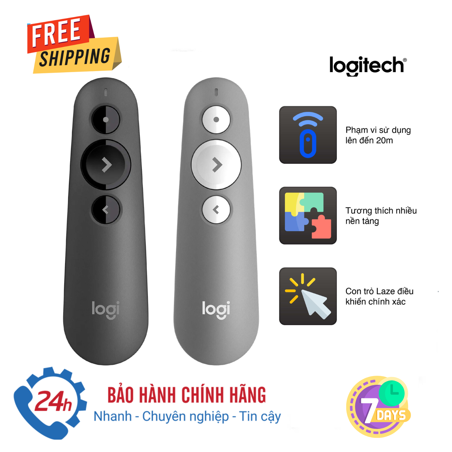 [ MODEN MỚI NHẤT 2025 ] Bút Chiếu Laser, Bút trình chiếu Logitech R500 - Đèn laze đỏ, Các nút bấm lập trình được, Bluetooth & kết nối không dây 2.4Ghz, Phạm vi 20m, Laze loại 2, USB dongle