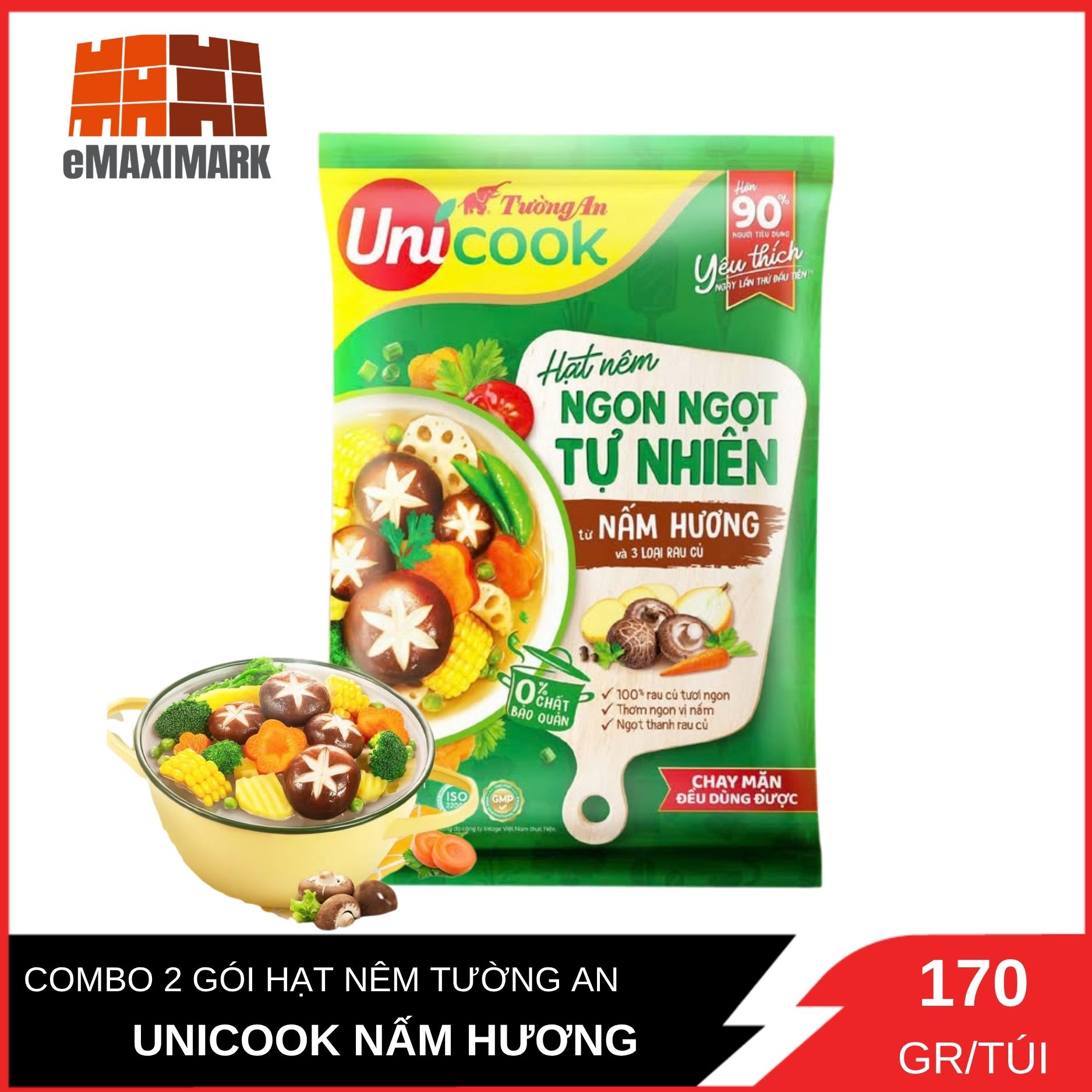COMBO 2 GÓI HẠT NÊM TƯỜNG AN UNICOOK VỊ NẤM HƯƠNG 170GX2