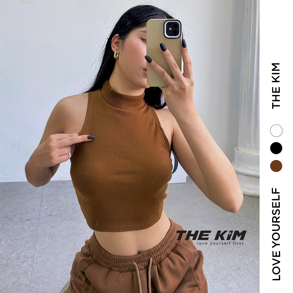 TheKim A116 Áo croptop ba lỗ cổ cao len tăm, áo thun tăm cao cổ 3 lỗ dáng ngắn cho nữ