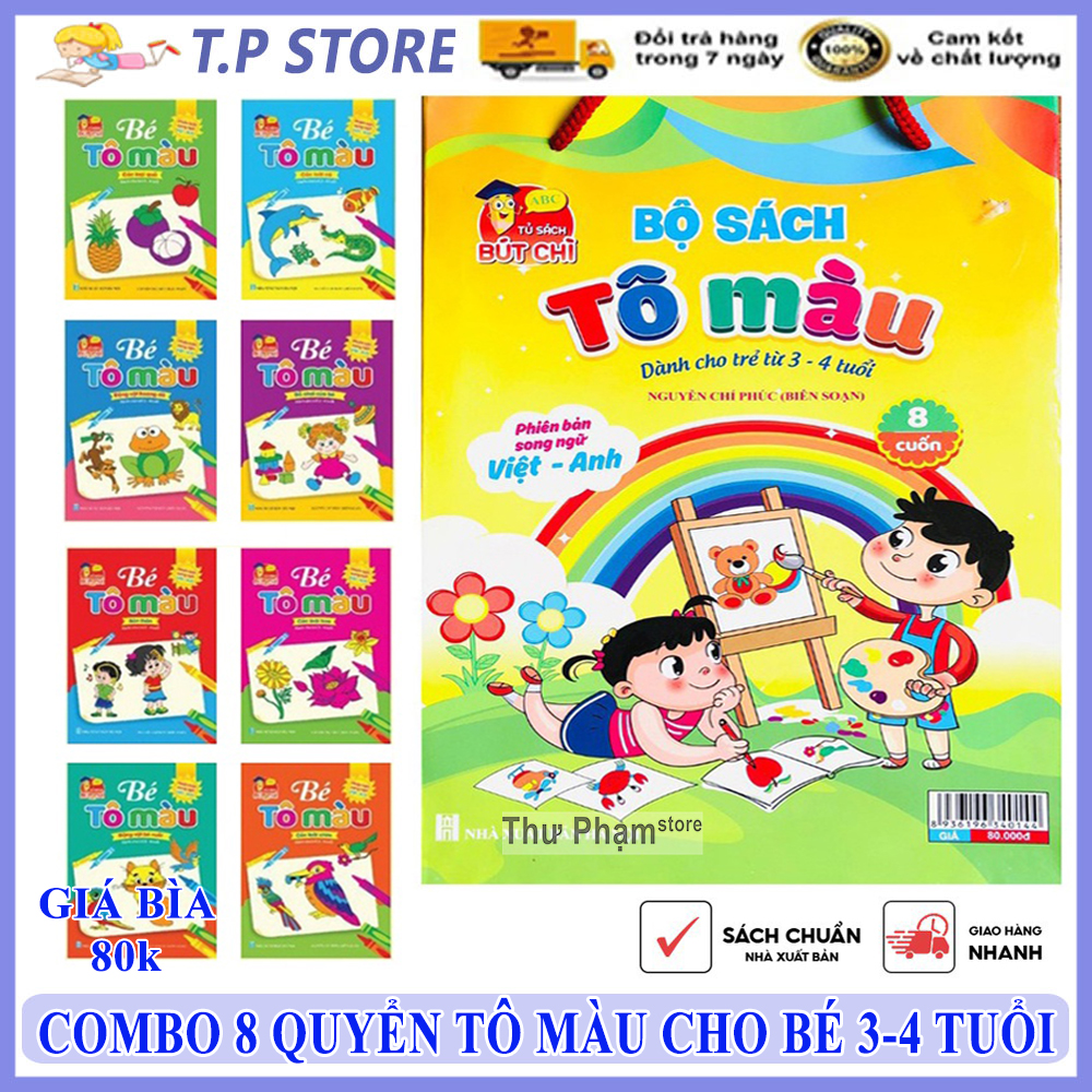 COMBO 8 CUỐN SÁCH TÔ MÀU SONG NGỮ ANH VIỆT CHO BÉ TỪ 3-4 TUỔI - SÁCH TÔ MÀU NHIỀU CHỦ ĐỀ - KÈM HỘP MÀU - ĐỒ CHƠI PHÁT TRIỂN TRÍ THÔNG MINH