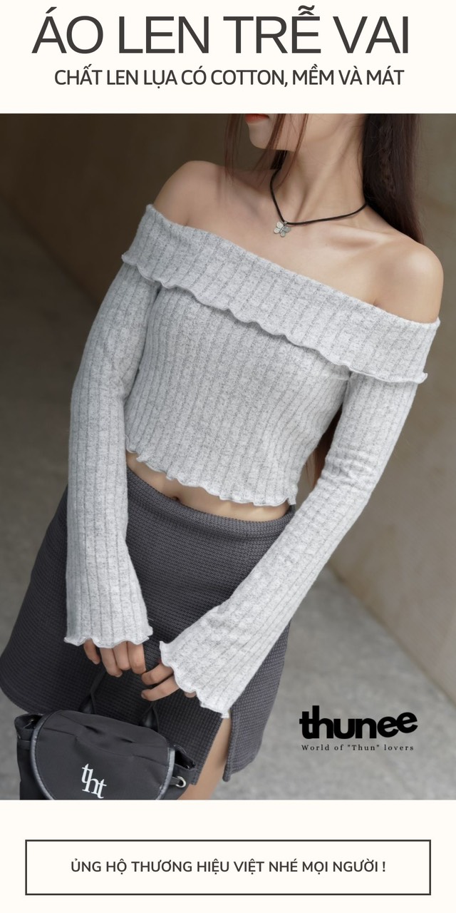 Áo len trễ vai tay dài | chất len lụa | mát và mềm | màu xám | size s m l