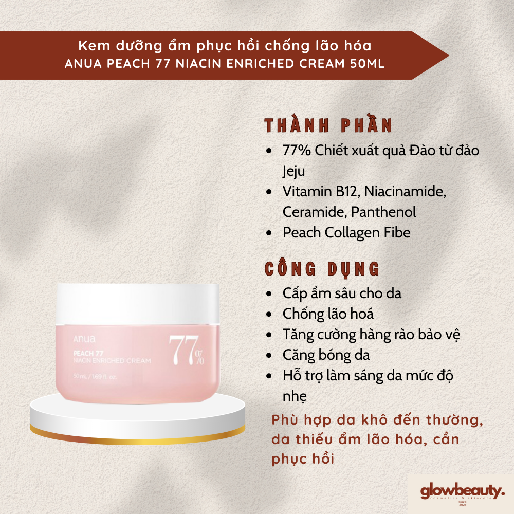 [Hàng có sẵn] Kem dưỡng ẩm phục hồi chống lão hóa Anua Peach 77 Niacin Enriched Cream 50ml [Glow Beauty]