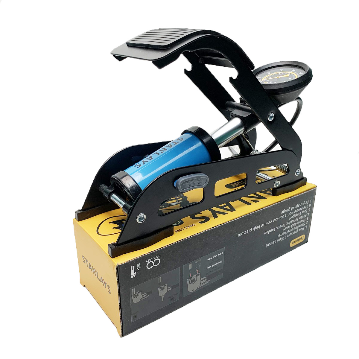 bơm stanlays  1 piston ống to, bơm ô tô xe máy, xe đạp có đồng hồ áp suất chính xác