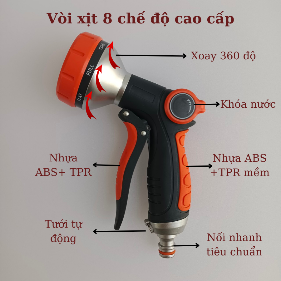 Vòi tưới cây đa năng 8 chế độ chất lượng châu âu vòi tưới cây vòi rửa xe vòi xịt đa năng cao cấp bền bỉ tiết kiệm hiệu qủa