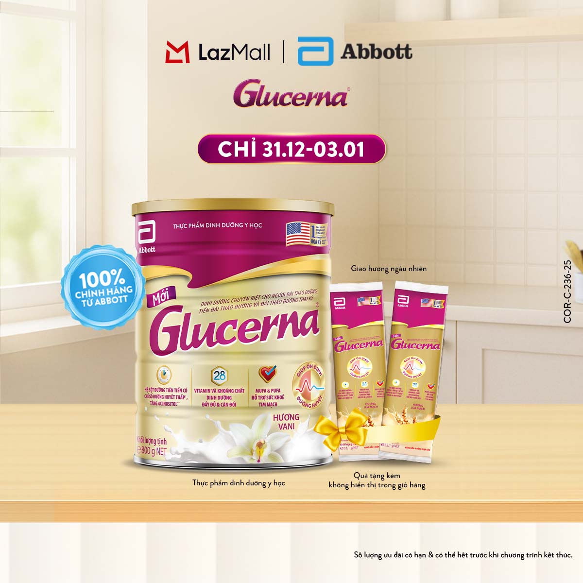 CHỈ 31.12 - 03.01 GIÁ TỐT MUA NGAY-SLCH Tặng 2 gói dùng thử Sữa bột Glucerna hương vani 800g