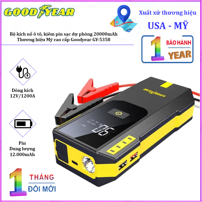 HÀNG CHÍNH HÃNG. Bộ kích nổ ô tô, kiêm pin sạc dự phòng Goodyear GY-5358, 2000mAh