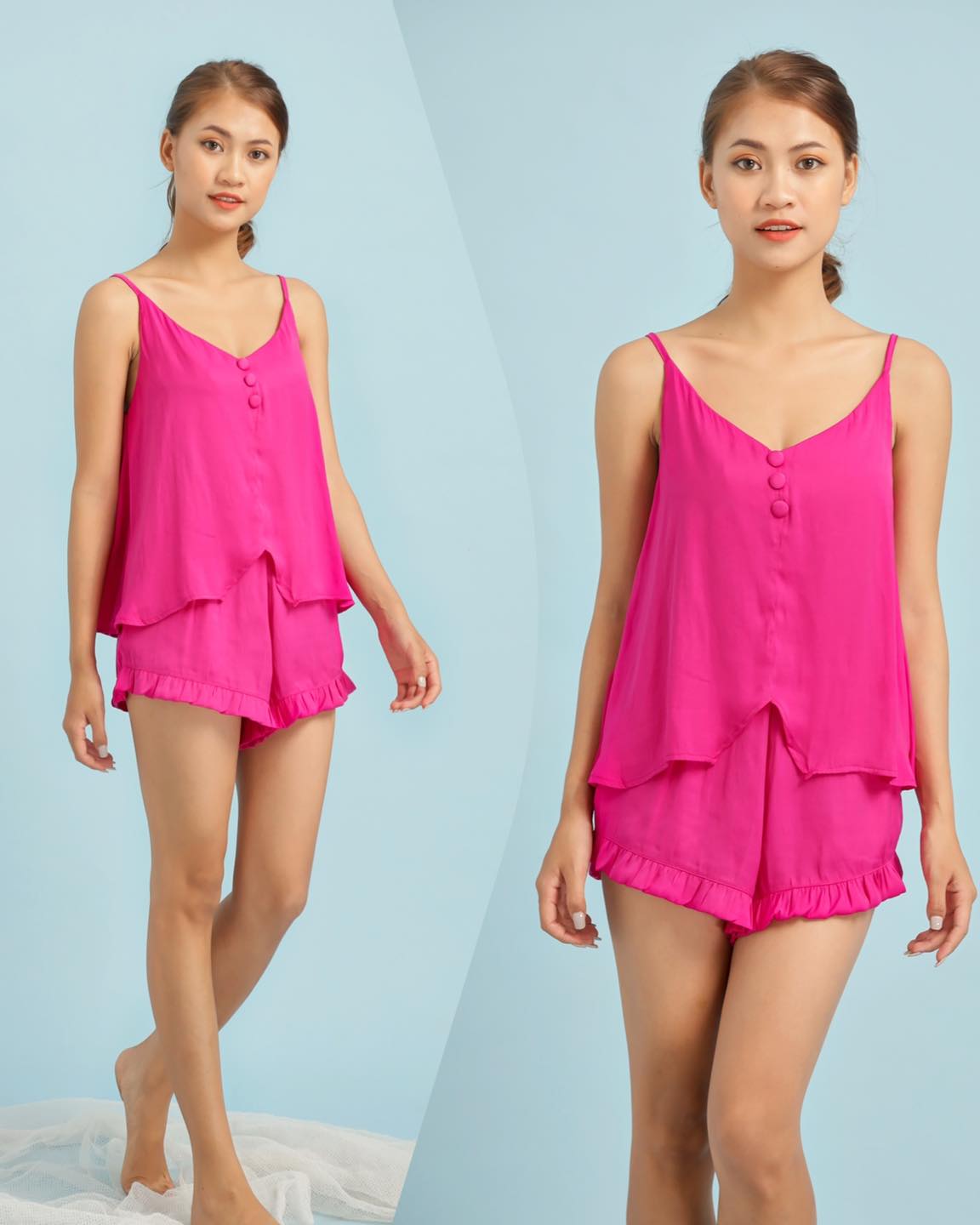 Bộ đồ mặc nhà quần đùi 2 dây lụa 3 nút Infashion