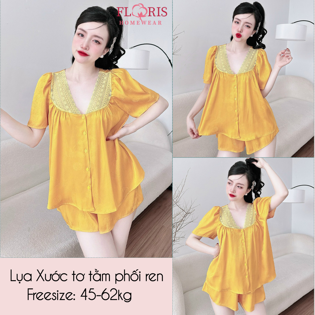 Đồ bộ lụa latin tơ tằm cao cấp tay ngắn quần đùi phối ren mềm mịn mát