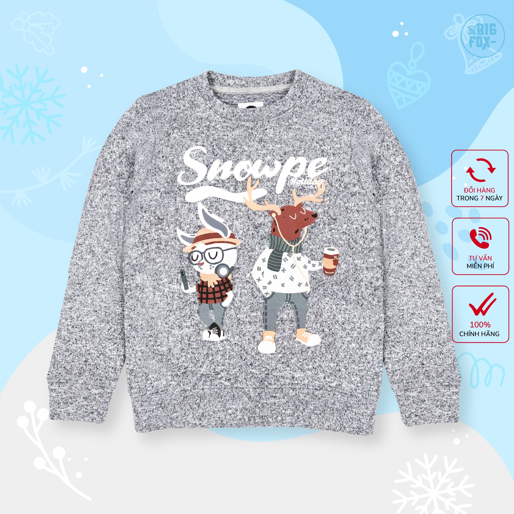 Áo Nỉ Len Dài Tay Bé Trai BigFox Missmeow Size Đại. Áo LenThu Đông Cho Bé In SNOWPE 2-11