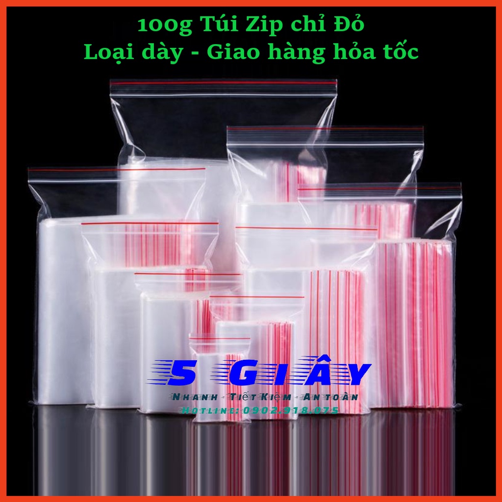 100g Túi zip chỉ đỏ zip PE, zip lock, zip viền đỏ loại dày – 5 giây
