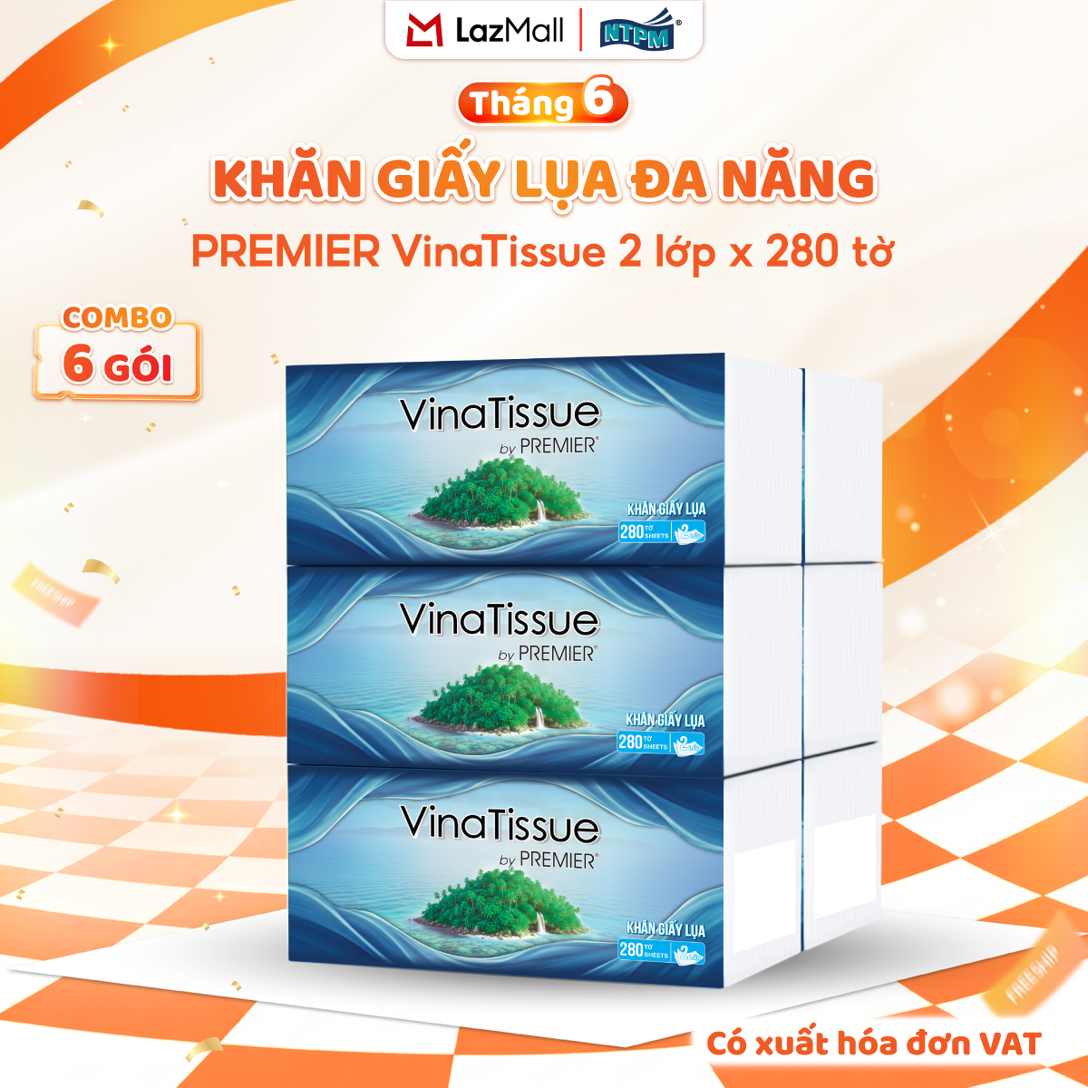 [COMBO 6 GÓI] Khăn giấy lụa đa năng PREMIER VinaTissue, 2 lớp – 100% bột giấy nguyên sinh, không chất tẩy, 280 tờ/gói – Chính hãng