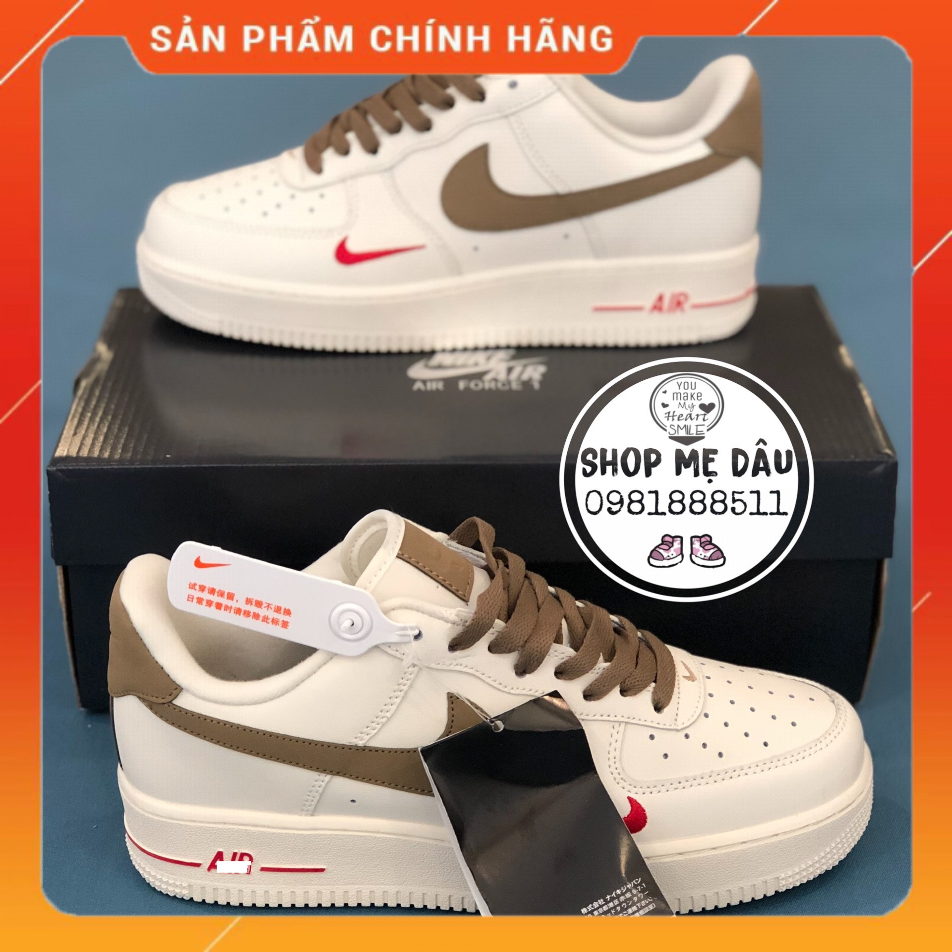 Giày sneaker AF1 custom vệt nâu, thể thao nam nữ đẹp bản trung chuẩn sc full box bill.