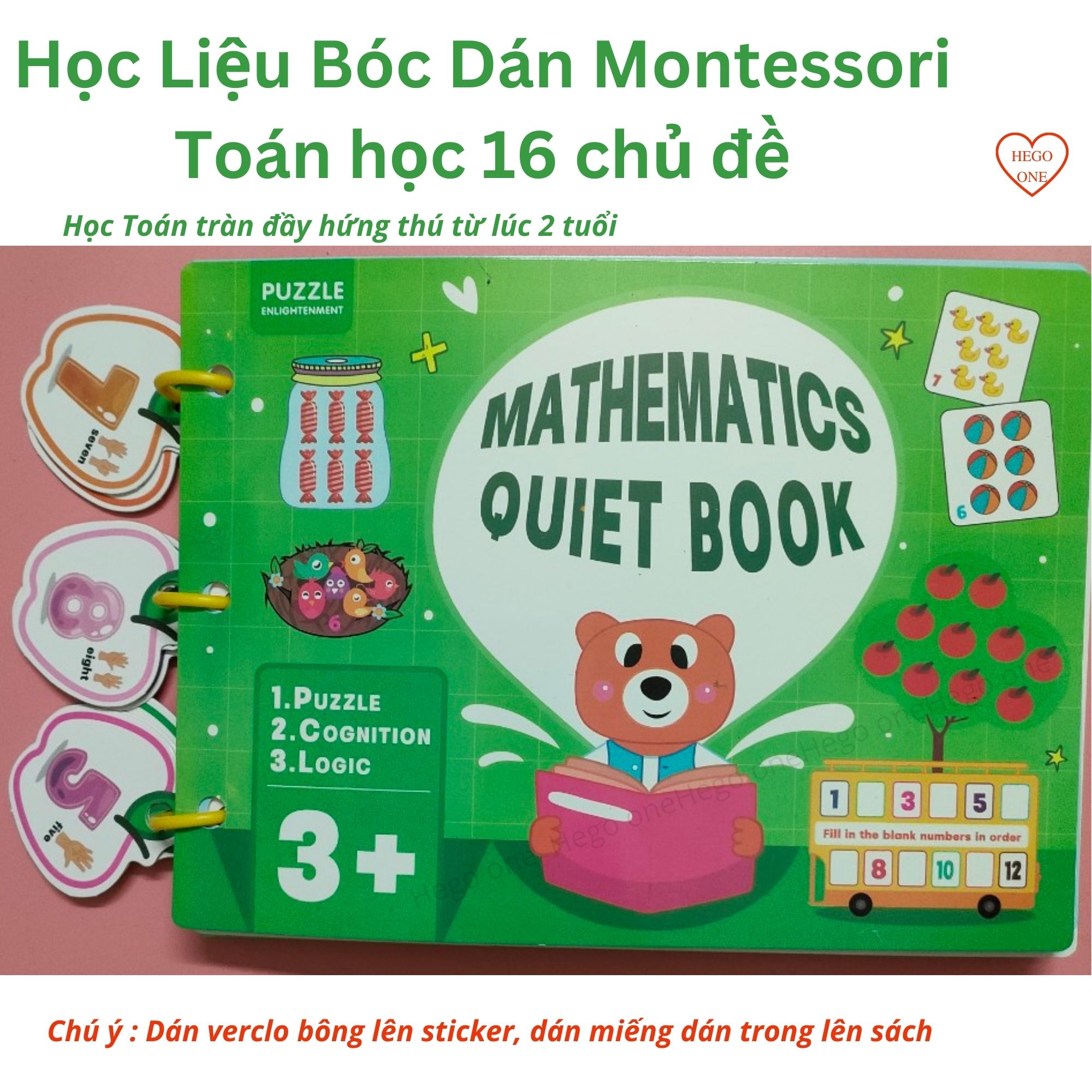 Học liệu bóc dán Montessori toán học , sách bóc dán xanh giúp bé học toán dễ dàng với các stiker dễ thương