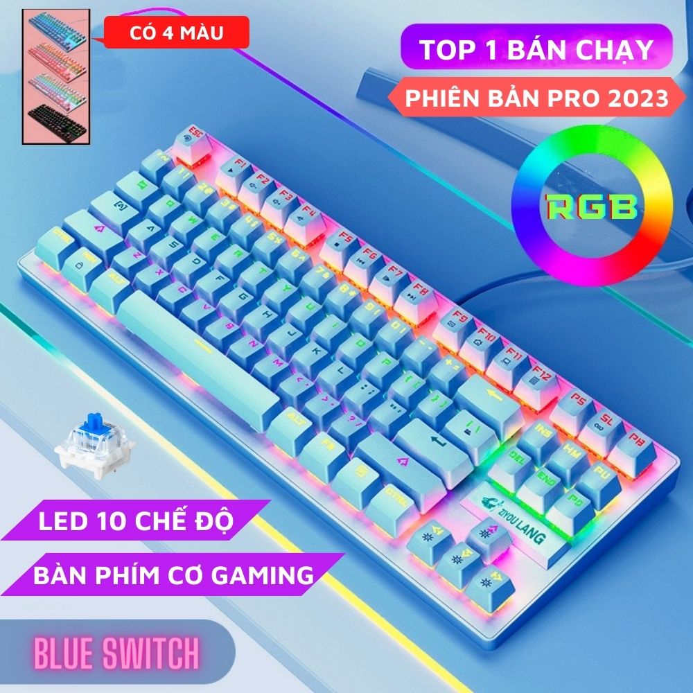 Bàn Phím Cơ Máy Tính K2 PRO Với 10 Chế Độ LED Khác Nhau Keyboard Blue Switch Cho Máy Tính Laptop PC Phím Phù Hợp Chơi Game Dùng Làm Việc Văn Phòng Có Cục Chống Nhiễu 4 Màu Đen Trắng Hồng Xanh