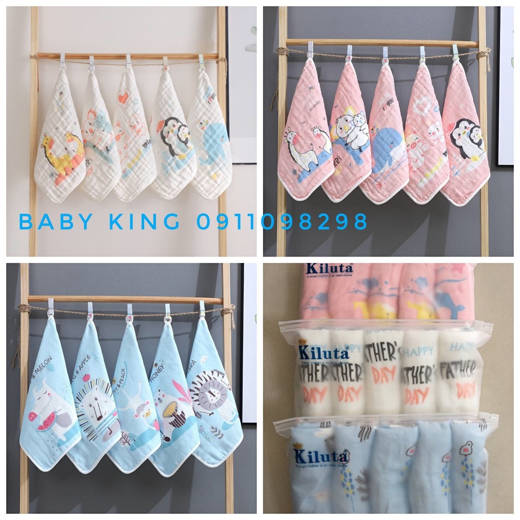 【HOT SALE】 Sét 5 Khăn sữa xô 6 lớp mịn Kiluta  KT 30x30 cm hàng đẹp