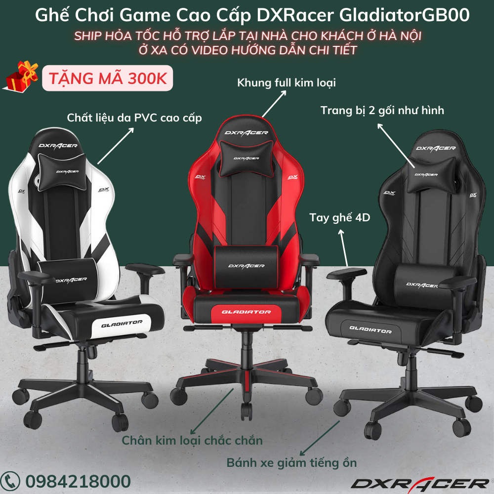 Ghế chơi game cao cấp dxracer gladiator gb001 | ghế gaming cao cấp chất liệu da pvc | tay ghế 4d | khung full kim loại | chân kim loại
