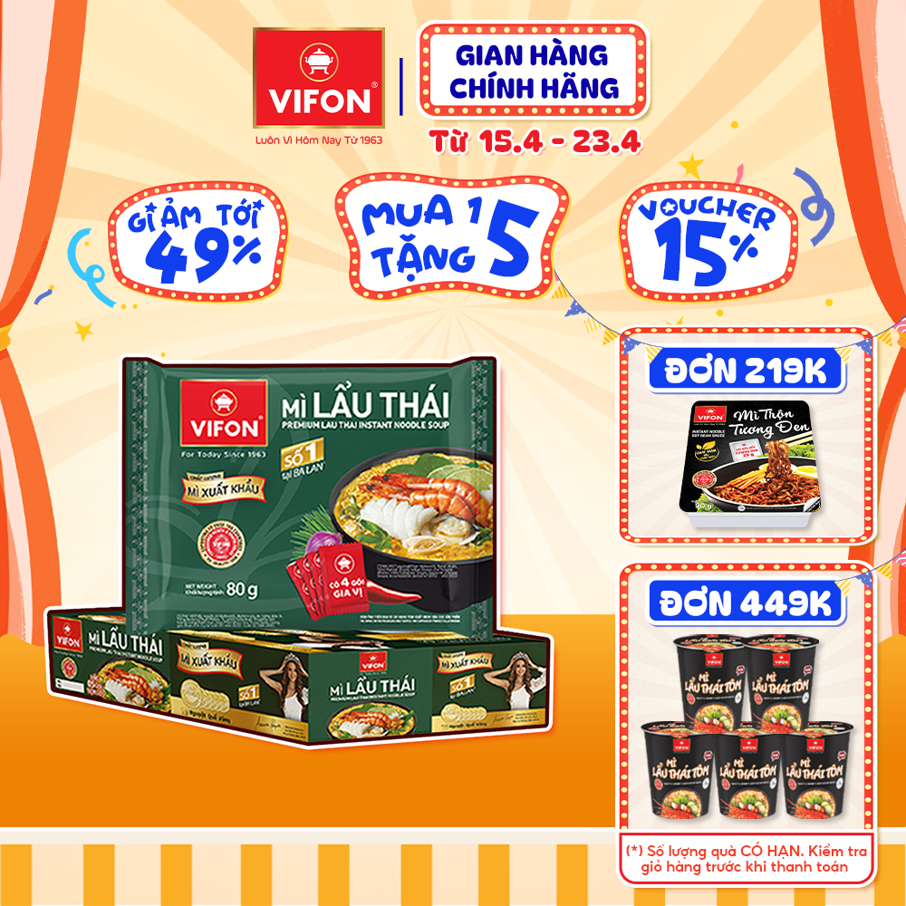 [VOUCHER đến 80K]-Thùng 20 gói mì xuất khẩu Lẩu thái/ mì kim chi VIFON 80gr/gói