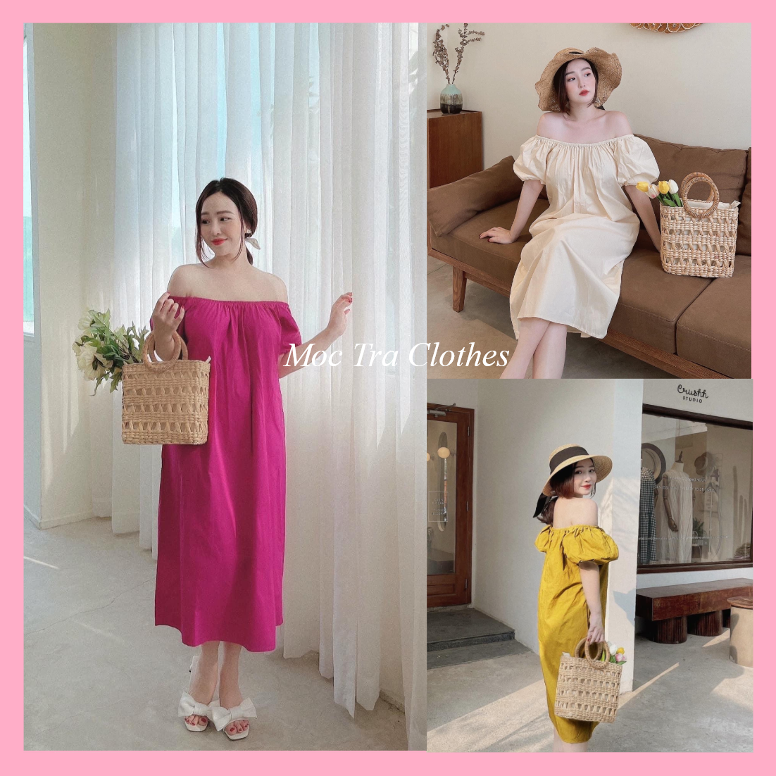 Váy suông trễ vai tay bồng 3 màu trơn dáng dài siêu xinh, Đầm kiểu nữ đơn giản phong cách trẻ trung phù hợp đi dạo đi chơi, chất thô hàng đẹp giá rẻ, phù hợp cả mặc bầu