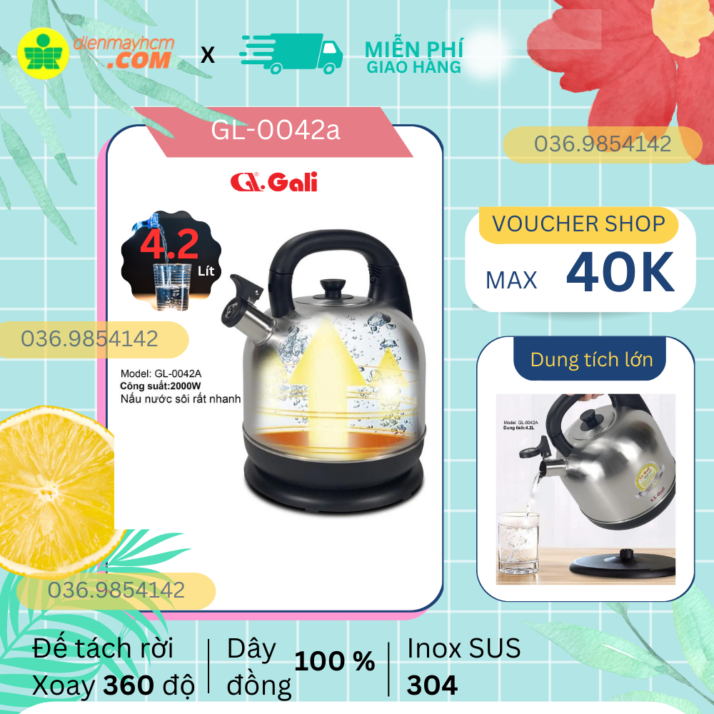 Ấm siêu tốc dung tích lớn gali mã sp gl-0042a 2000w 4.2l cao cấp hàng chính hãng nhập khẩu bảo hành 12 tháng