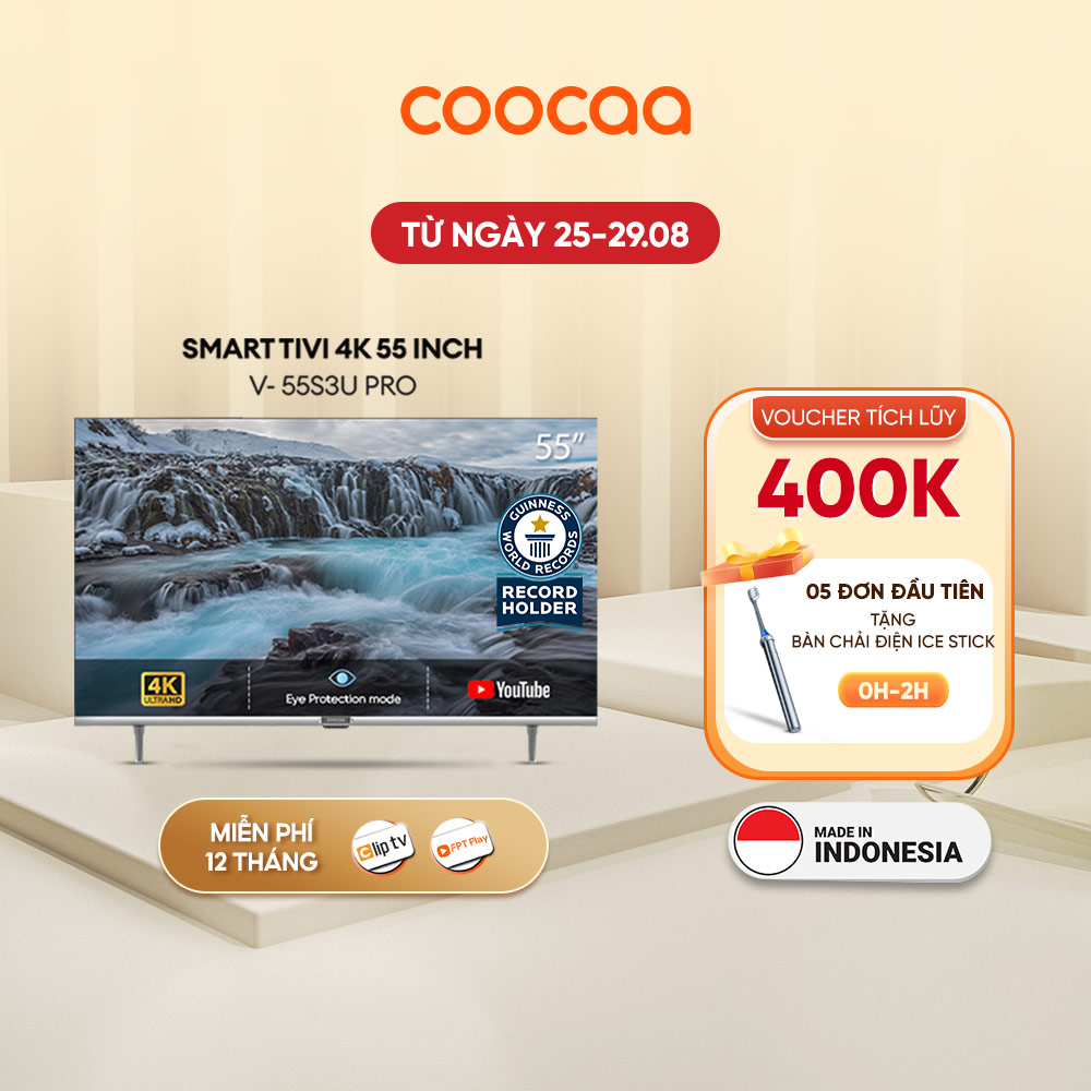 SMART TV 4K COOCAA 55 inch viền mỏng - Youtube - Model 55S3U Pro Games mode, Dolby audio, Youtube , Bảo Hành 2 Năm, 1 năm ClipTV, FPT 12 tháng gói family + 6 tháng VOD 4K