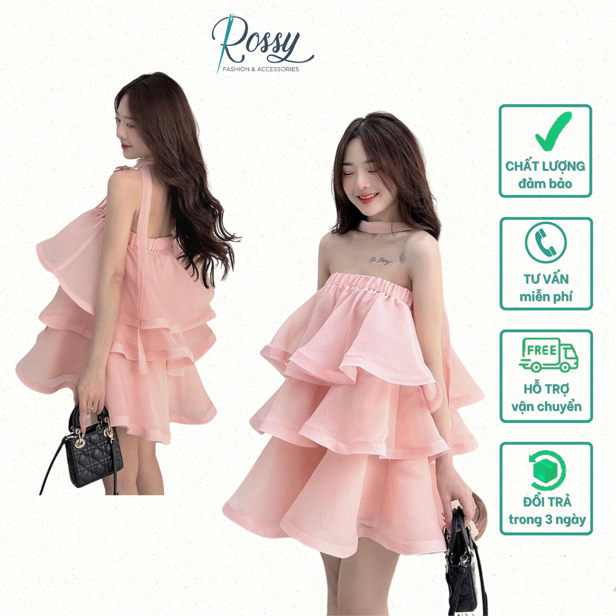 Đầm voan ống tầng dáng suông babydoll kèm chocker cổ Freesize Rossy Fashion - SR180