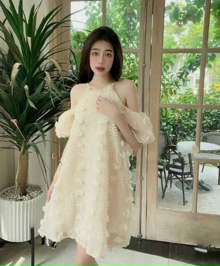 Đầm nữ kiểu dáng cổ yếm trễ vai dáng xòe sang chảnh tinh tế thời trang HARI