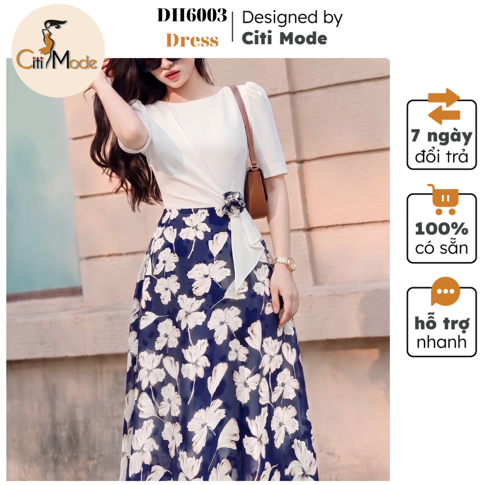 Citi Mode Fashion Office Dress Designed with White Floral Flared Dress and Stylized Ruffled Hem, Floral Waist, Boat Neck, and Short Sleeves Dh6003